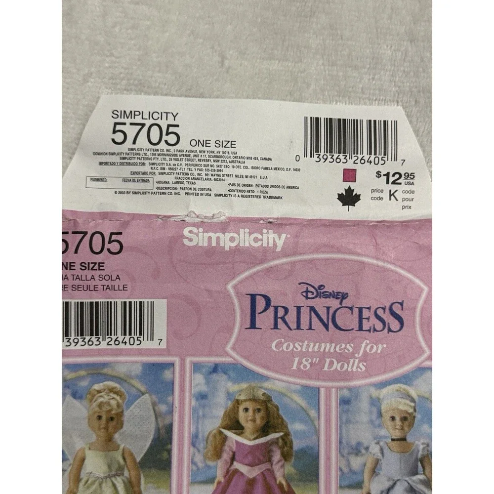 Simplicity Disney Princess 5705 Sewing Pattern Costumes 18 inch doll dress